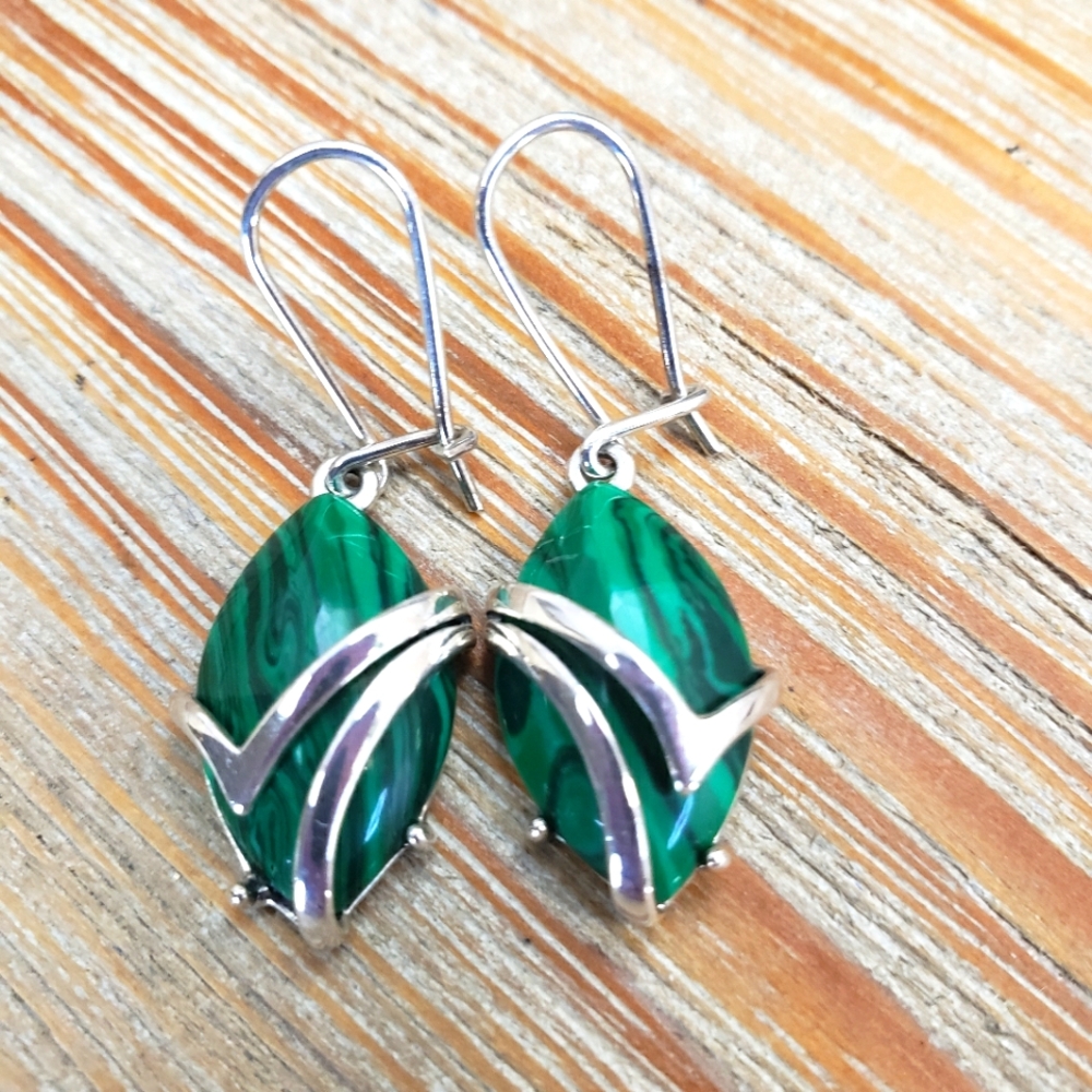 Sterling Silver Malachite Marquise Modernist Dangle Earrings Signed JB